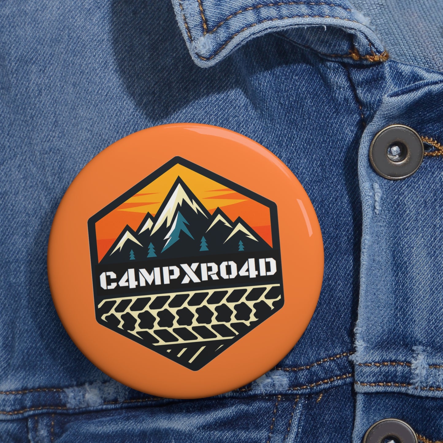C4MPXRO4D Hexa Shield Camper Badge Pin Button | Custom Round Badge, Black Logo Button
