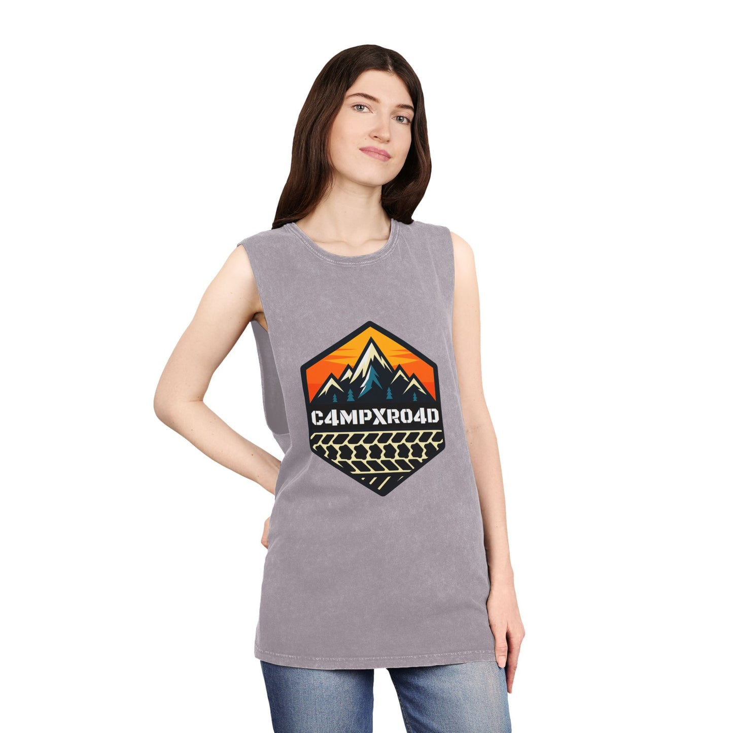 C4MPXRO4D Hexa Shield Camper Badge Tank Top | stonewash black, retro stencil logo