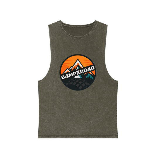 C4MPXRO4D Rounded Shield Camper Badge Tank Top | stonewash black, retro stencil logo