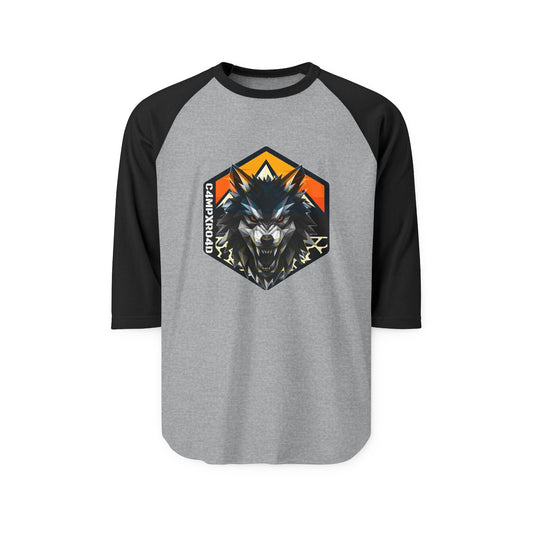 C4MPXRO4D Wolf Shield Camper Badge Raglan Shirt | Gaming Code Baseball Tee