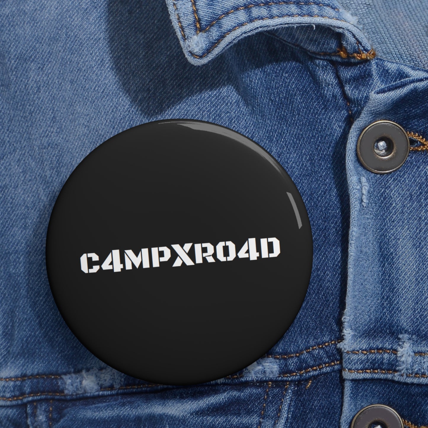 C4MPXR04D Text Pin Button | Custom Round Badge, Black Logo Button