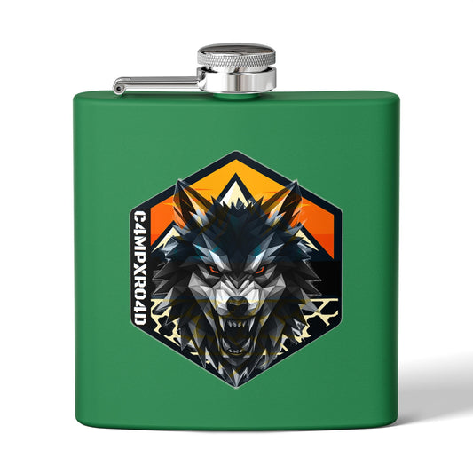 C4MPXRO4D Wolf Shield Camper Badge Flask