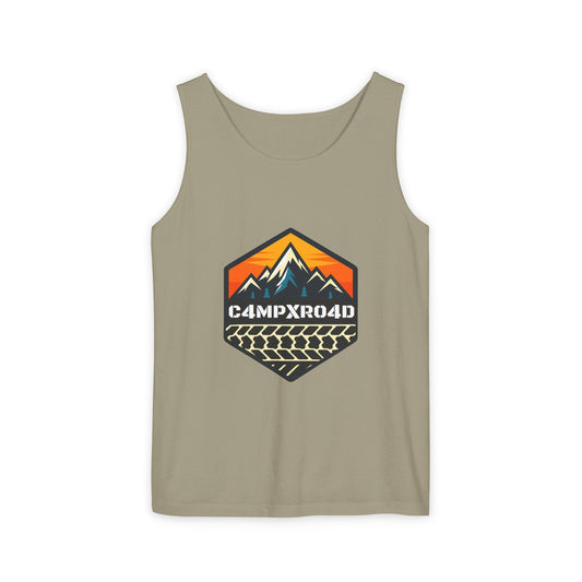 C4MPXRO4D Hexa Shield Camper Badge Tank Top | Graphic camping text tee