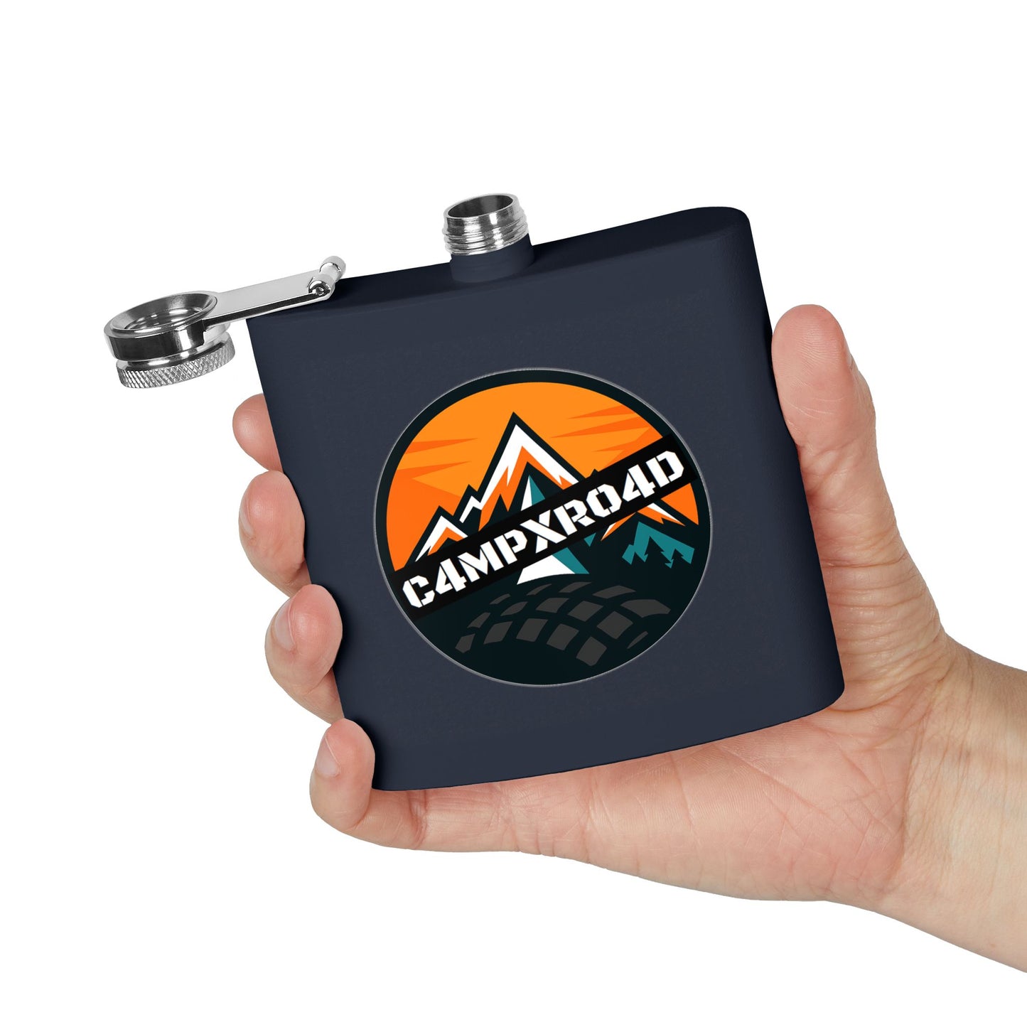 C4MPXRO4D Rounded Shield Camper Badge Flask