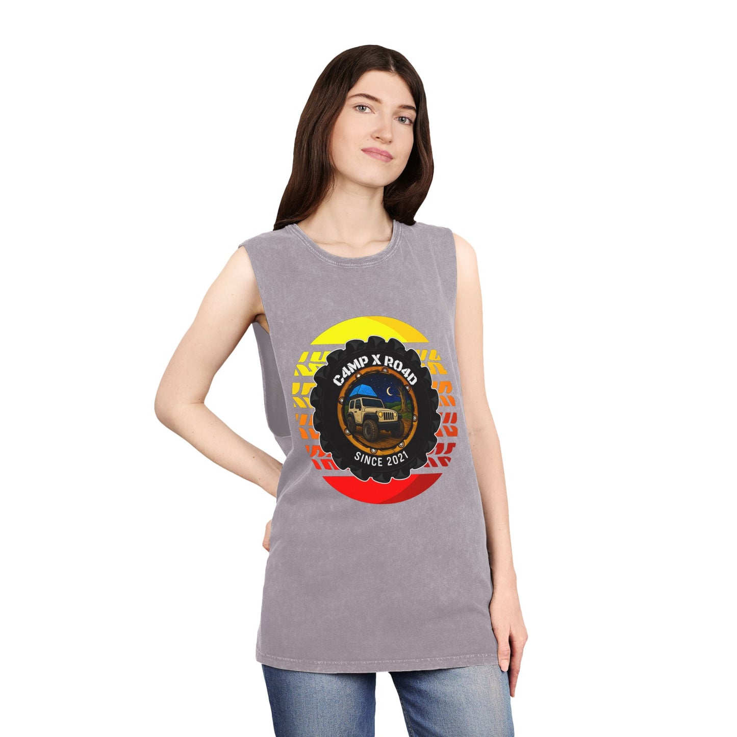 C4MPXRO4D Summer Camper Badge Tank Top | stonewash black, retro stencil logo