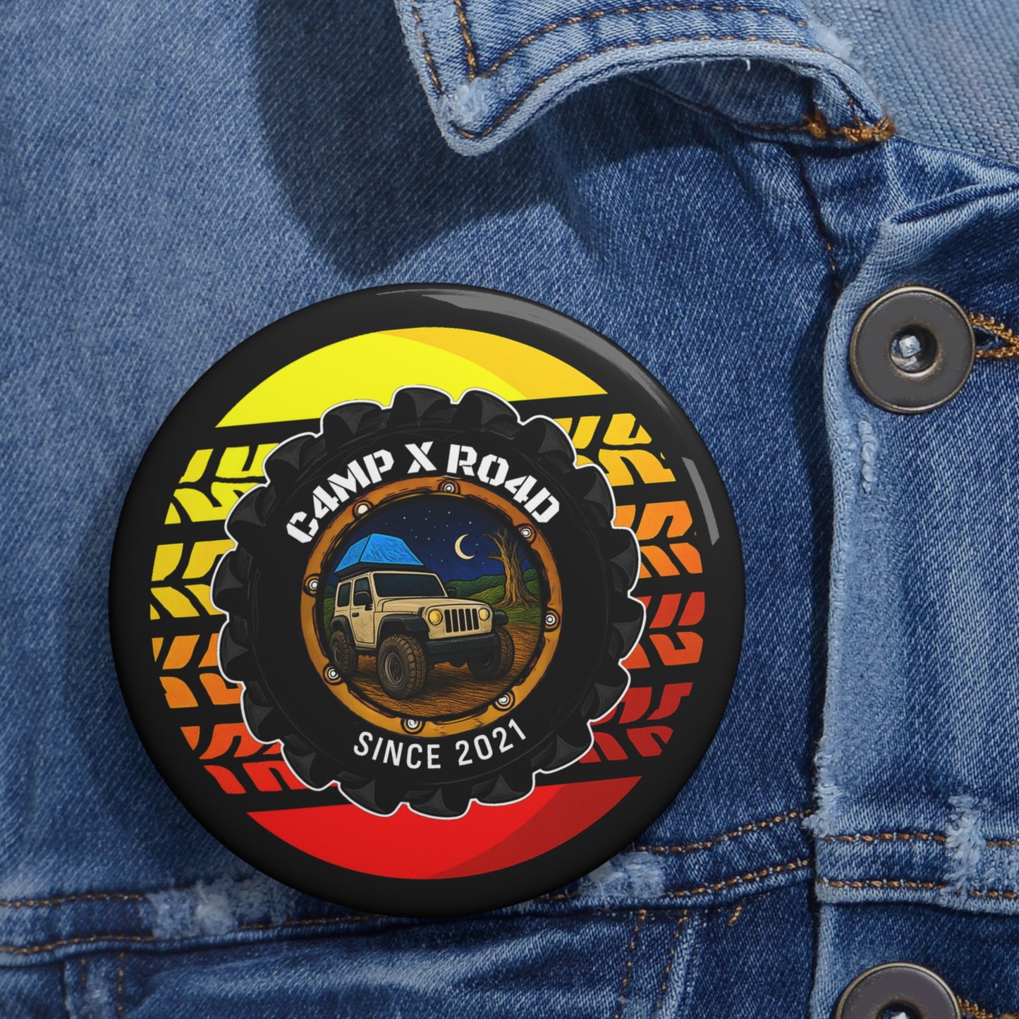 C4MPXRO4D Summer Camper Badge Pin Button | Custom Round Badge, Black Logo Button