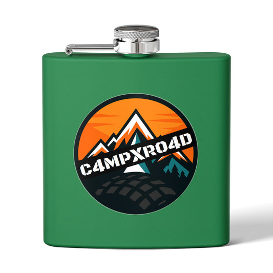 C4MPXRO4D Rounded Shield Camper Badge Flask