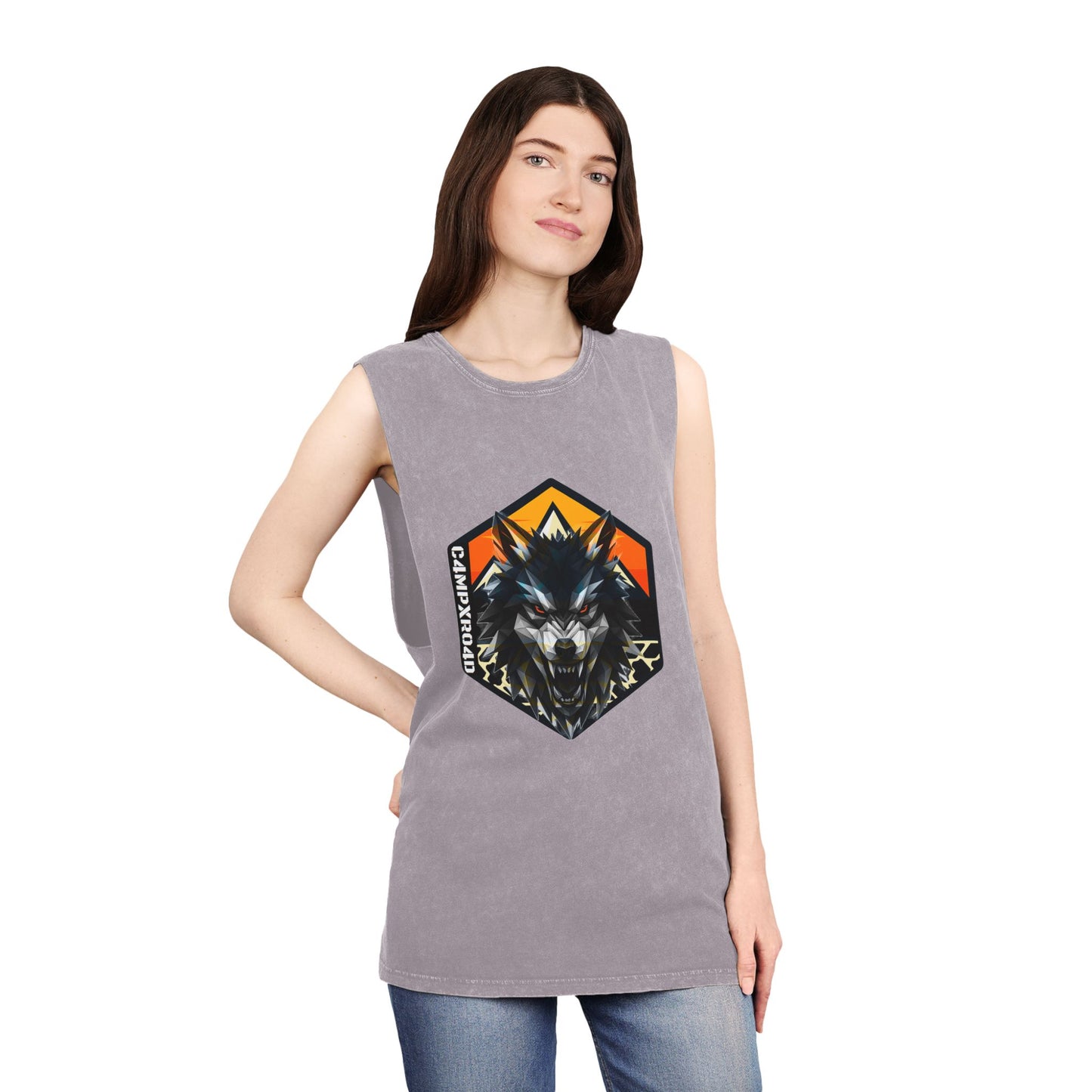 C4MPXRO4D Wolf Shield Camper Badge Tank Top | stonewash black, retro stencil logo