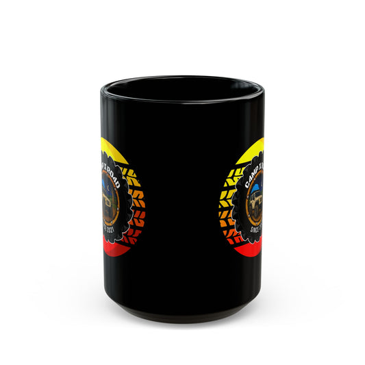 C4MPXRO4D Summer Camper Badge Mug | Black Ceramic Coffee Mug