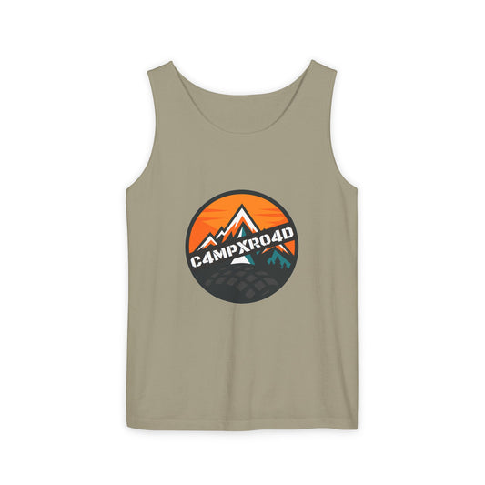 C4MPXRO4D Rounded Shield Camper Badge Tank Top | Graphic camping text tee