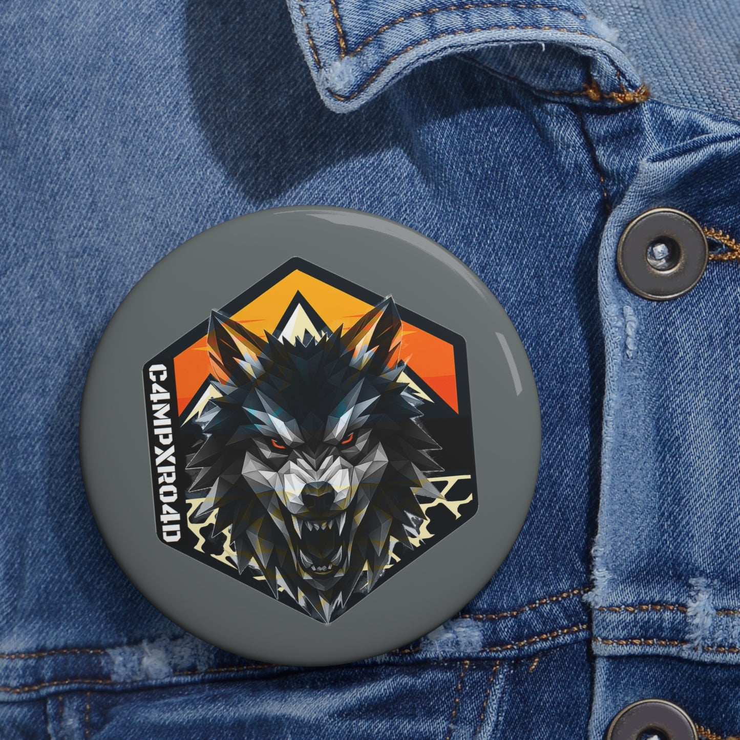 C4MPXRO4D Wolf Shield Camper Badge Pin Button | Custom Round Badge, Black Logo Button