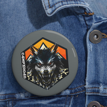 C4MPXRO4D Wolf Shield Camper Badge Pin Button | Custom Round Badge, Black Logo Button