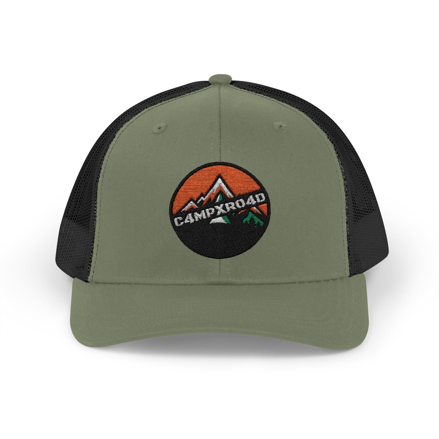 C4MPXRO4D Rounded Shield Camper Badge Cap | Trucker Snapback Mesh Hat