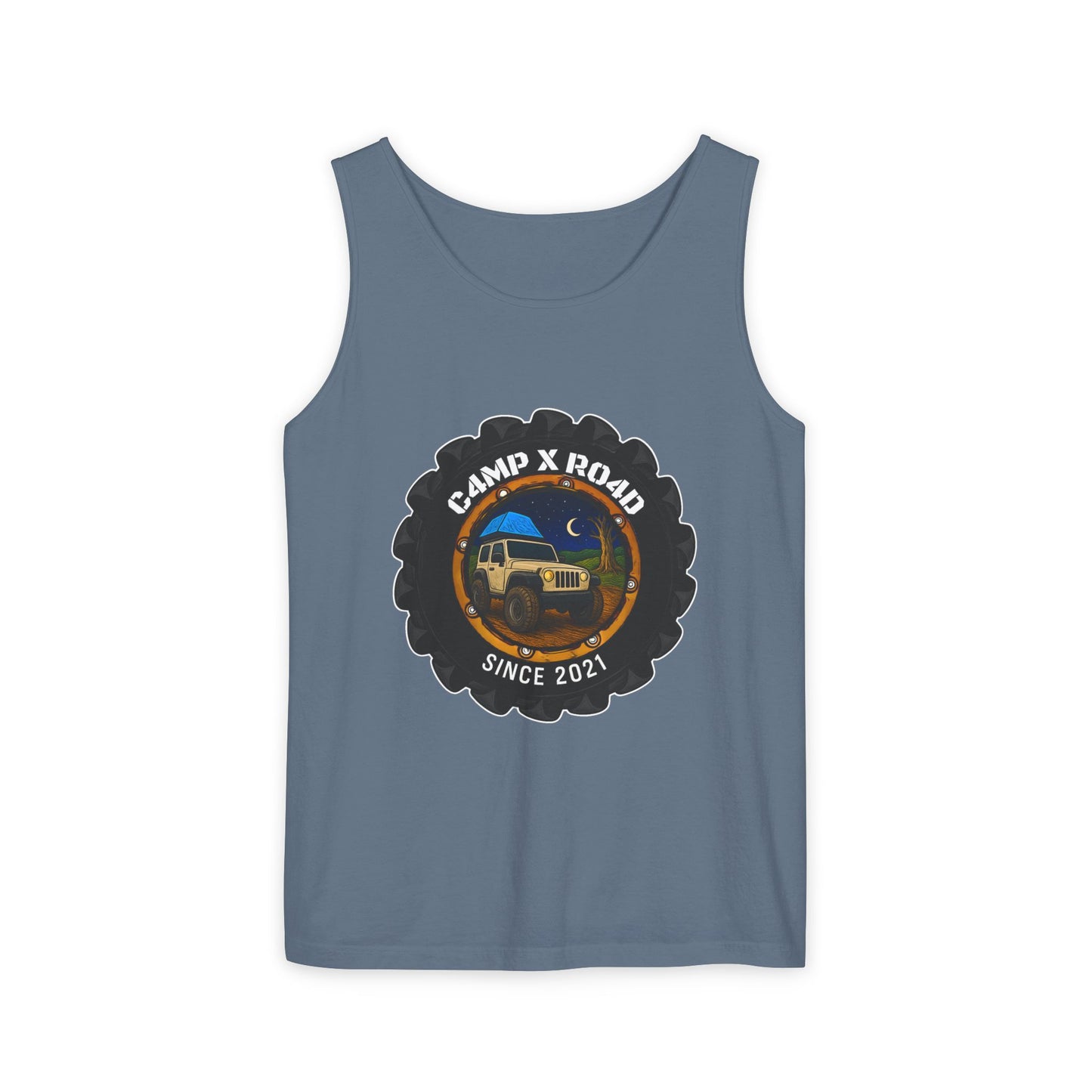C4MPXRO4D Camper Badge Tank Top | Graphic camping text tee