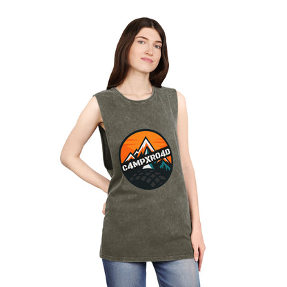 C4MPXRO4D Rounded Shield Camper Badge Tank Top | stonewash black, retro stencil logo