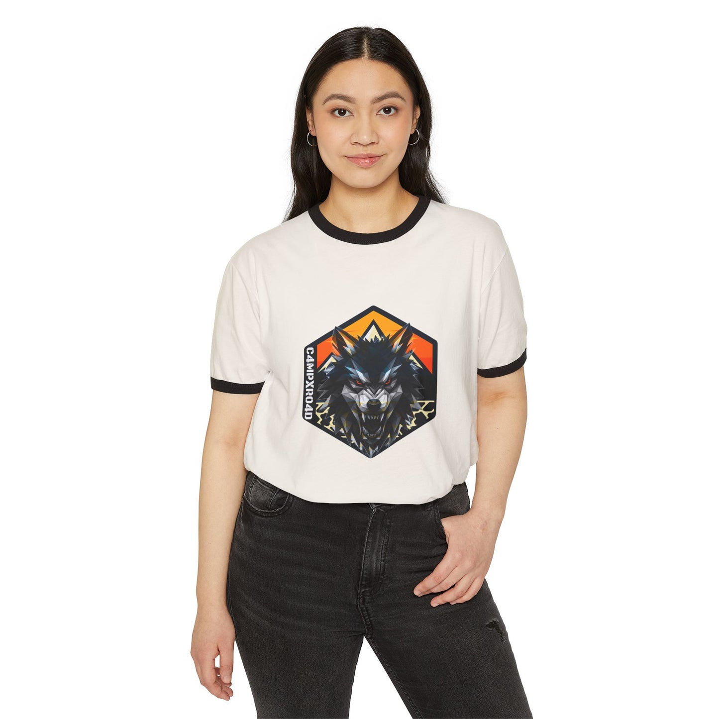 C4MPXRO4D Wolf Shield Camper Badge T-Shirt | ringer style
