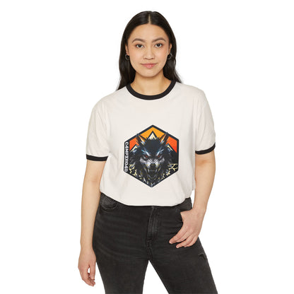 C4MPXRO4D Wolf Shield Camper Badge T-Shirt | ringer style