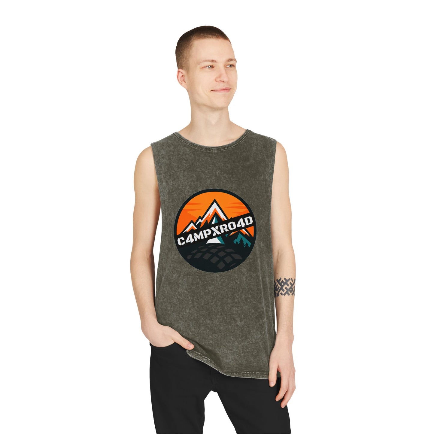 C4MPXRO4D Rounded Shield Camper Badge Tank Top | stonewash black, retro stencil logo
