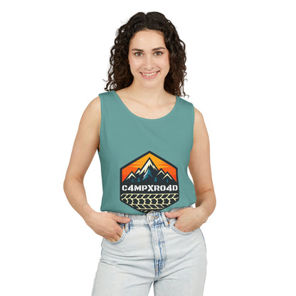 C4MPXRO4D Hexa Shield Camper Badge Tank Top | Graphic camping text tee
