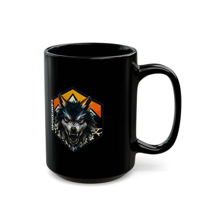 C4MPXRO4D Wolf Shield Camper Badge Mug | Black Ceramic Coffee Mug