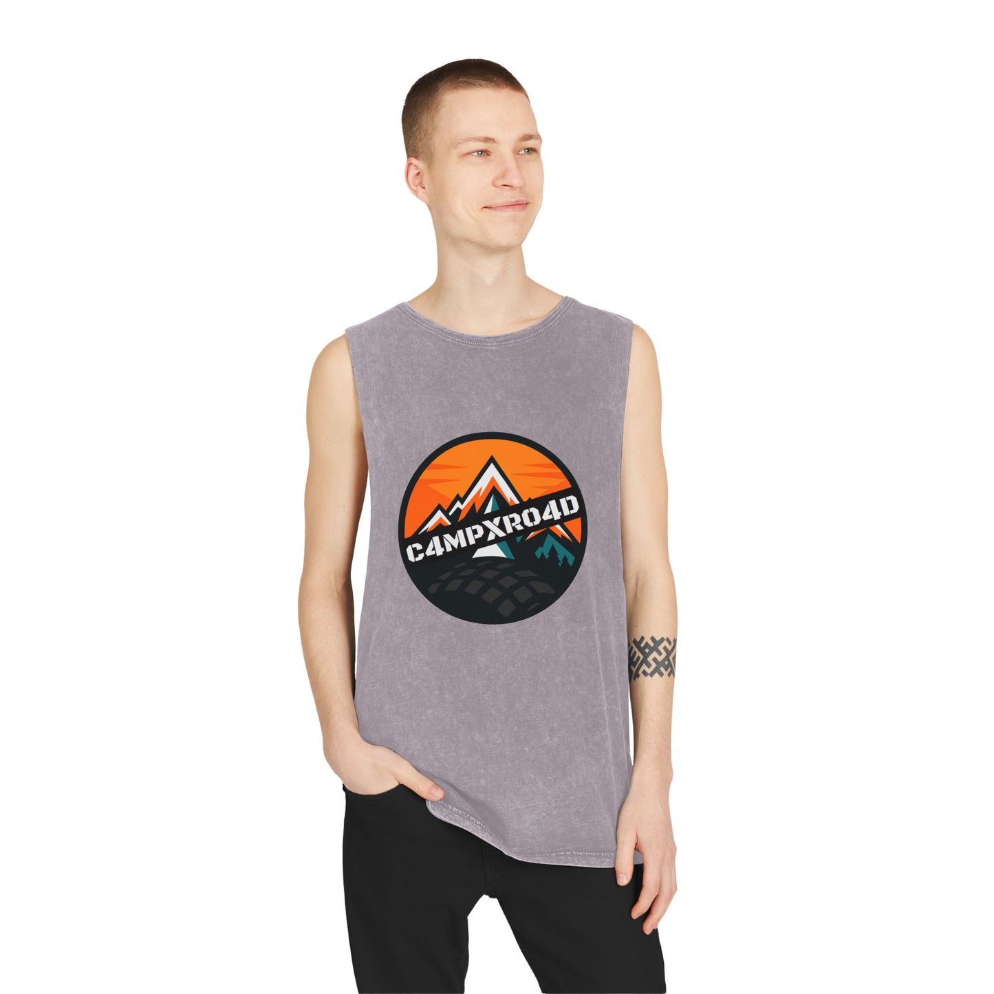 C4MPXRO4D Rounded Shield Camper Badge Tank Top | stonewash black, retro stencil logo