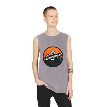 C4MPXRO4D Rounded Shield Camper Badge Tank Top | stonewash black, retro stencil logo