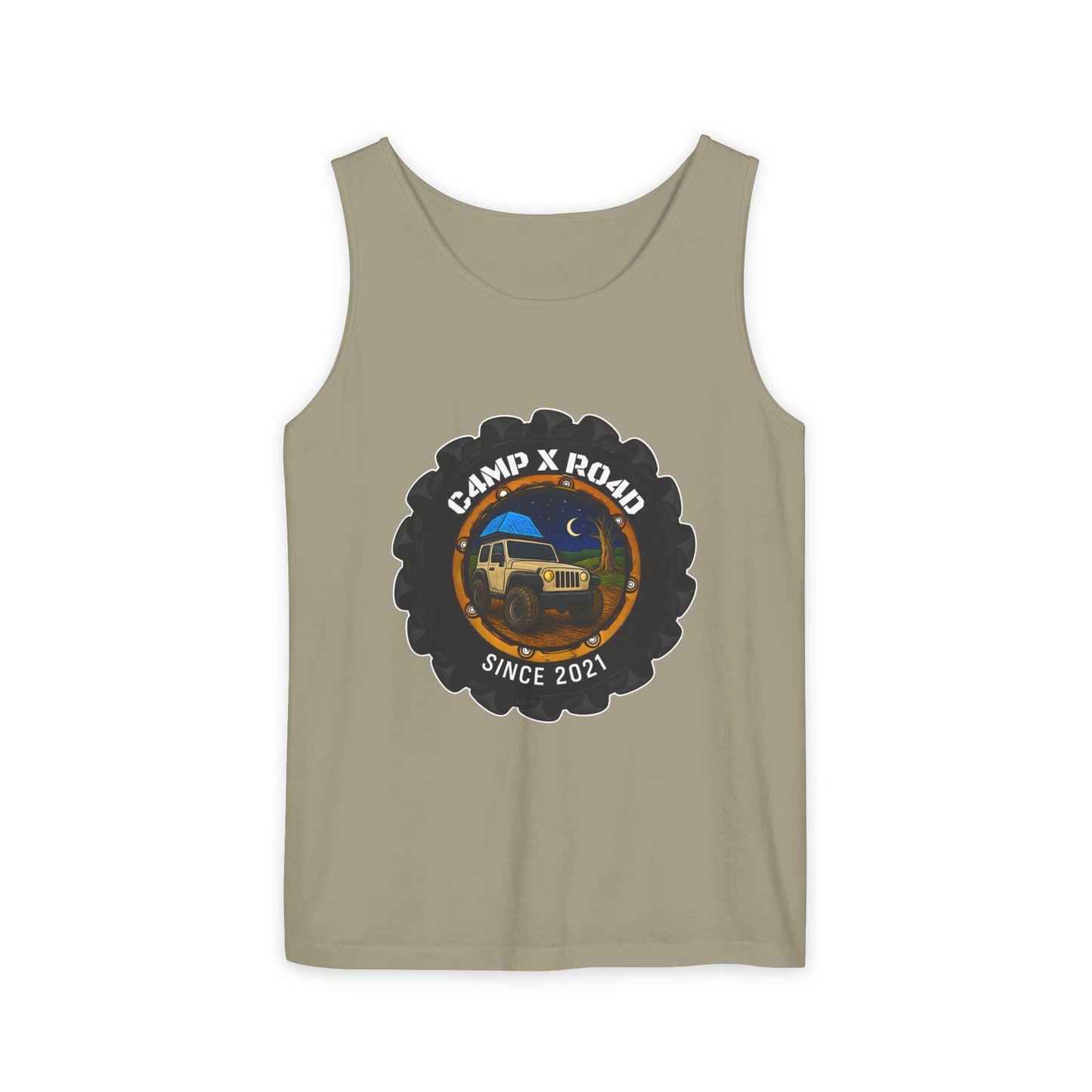 C4MPXRO4D Camper Badge Tank Top | Graphic camping text tee