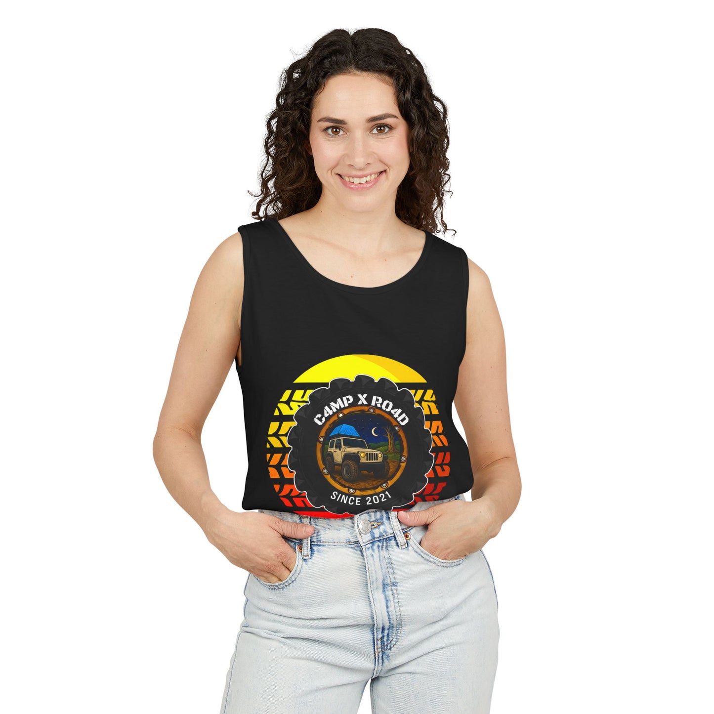 C4MPXRO4D Summer Camper Badge Tank Top | Graphic camping text tee