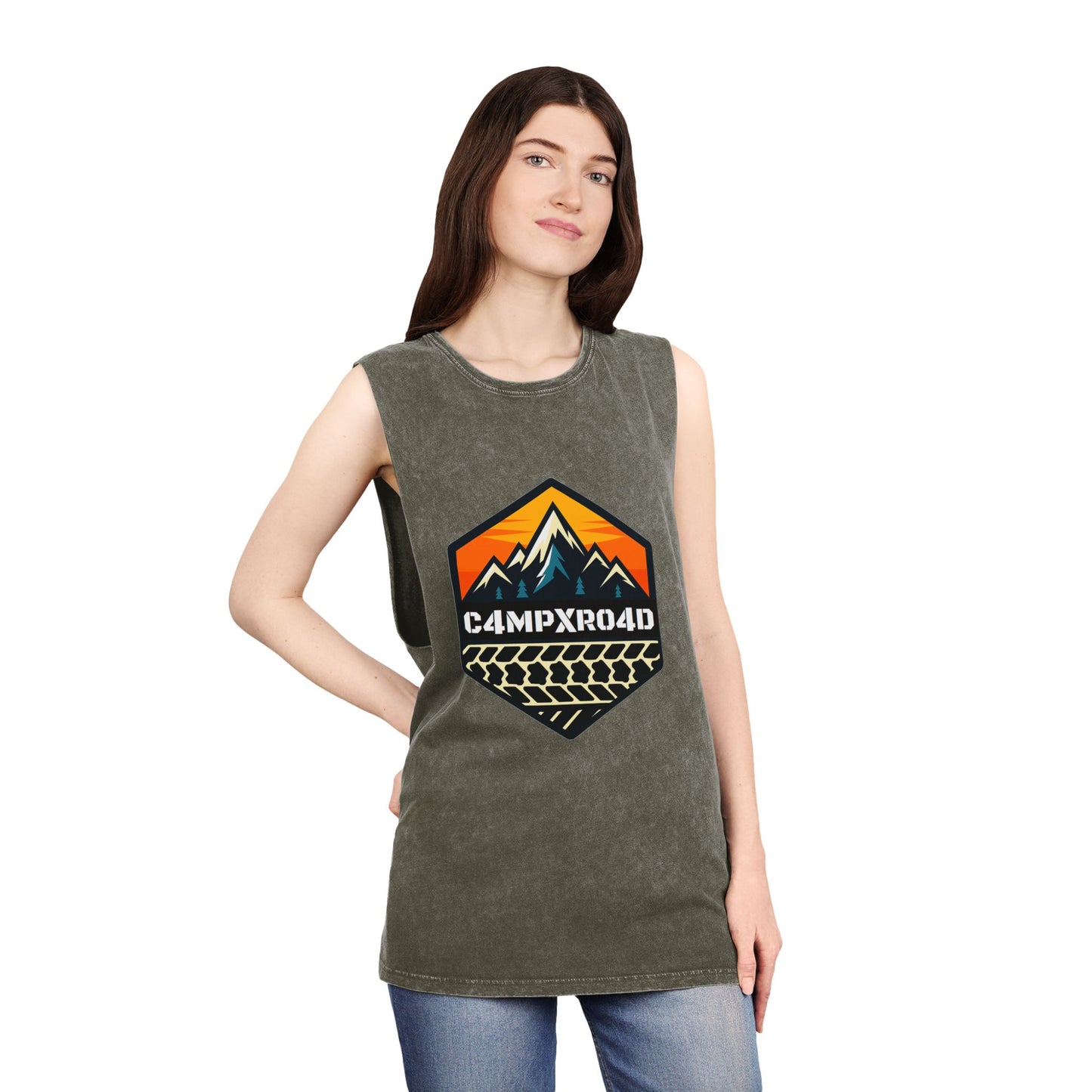 C4MPXRO4D Hexa Shield Camper Badge Tank Top | stonewash black, retro stencil logo
