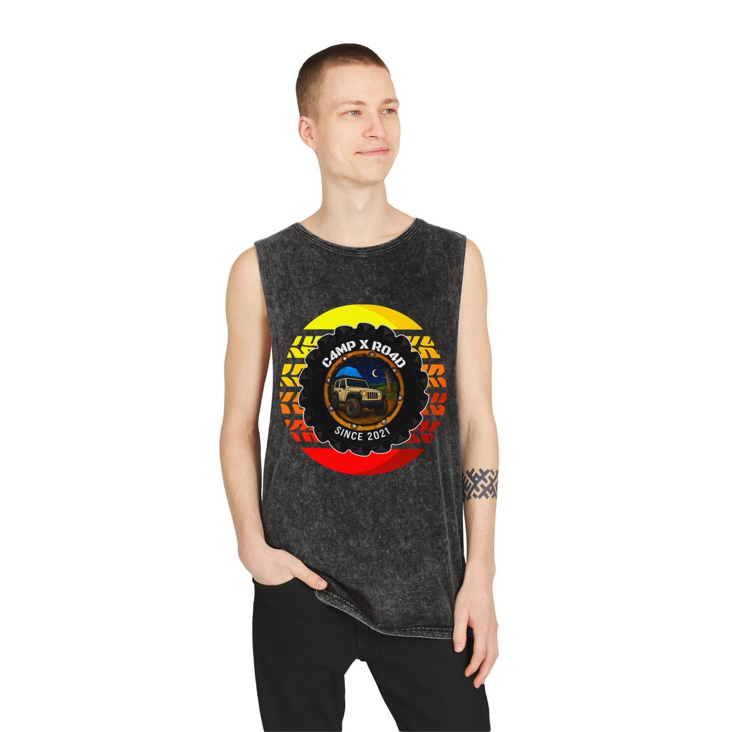 C4MPXRO4D Summer Camper Badge Tank Top | stonewash black, retro stencil logo