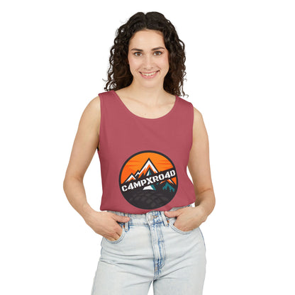 C4MPXRO4D Rounded Shield Camper Badge Tank Top | Graphic camping text tee