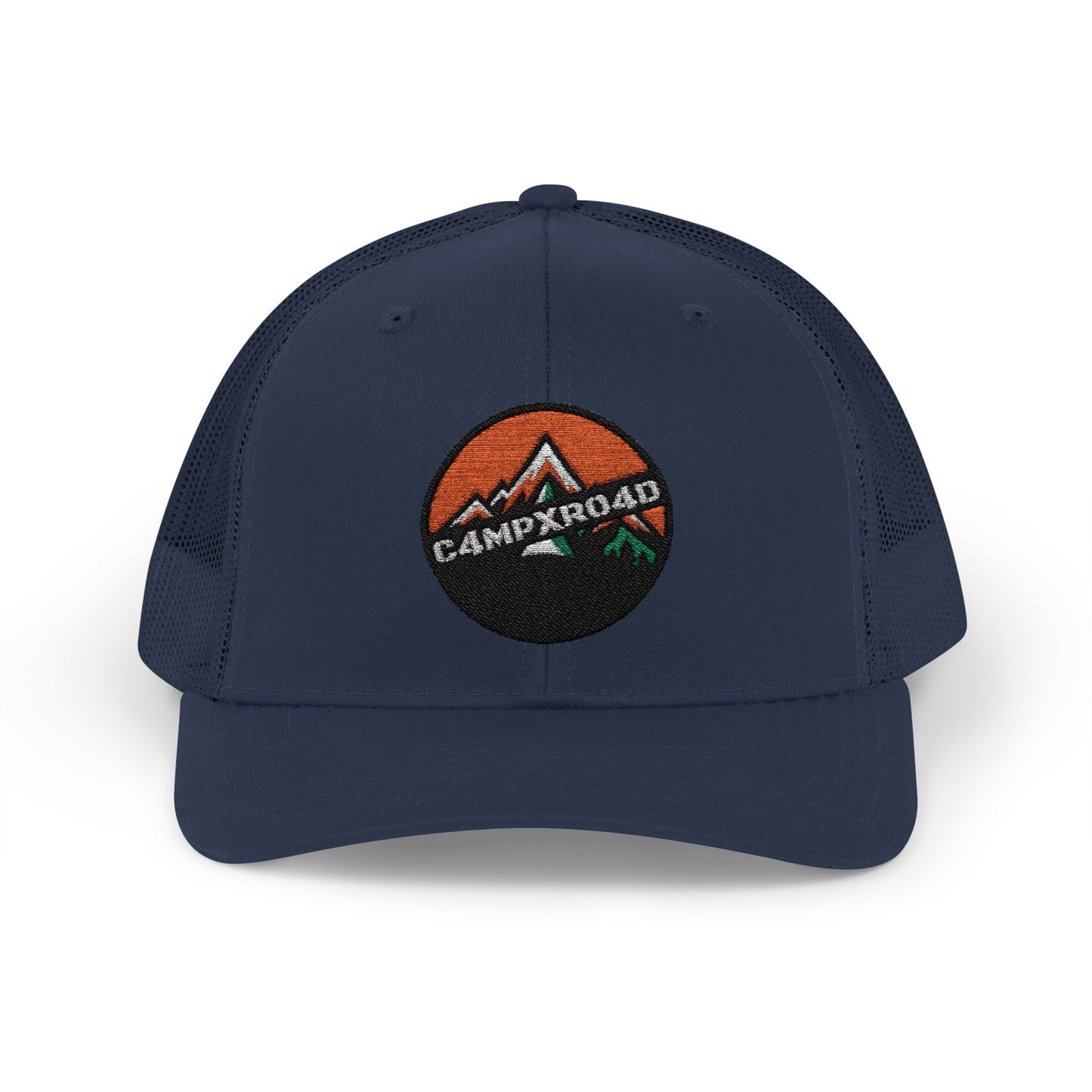C4MPXRO4D Rounded Shield Camper Badge Cap | Trucker Snapback Mesh Hat