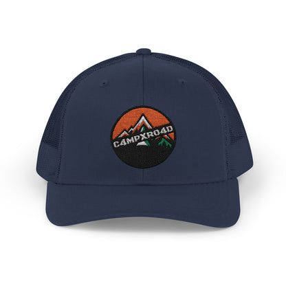 C4MPXRO4D Rounded Shield Camper Badge Cap | Trucker Snapback Mesh Hat