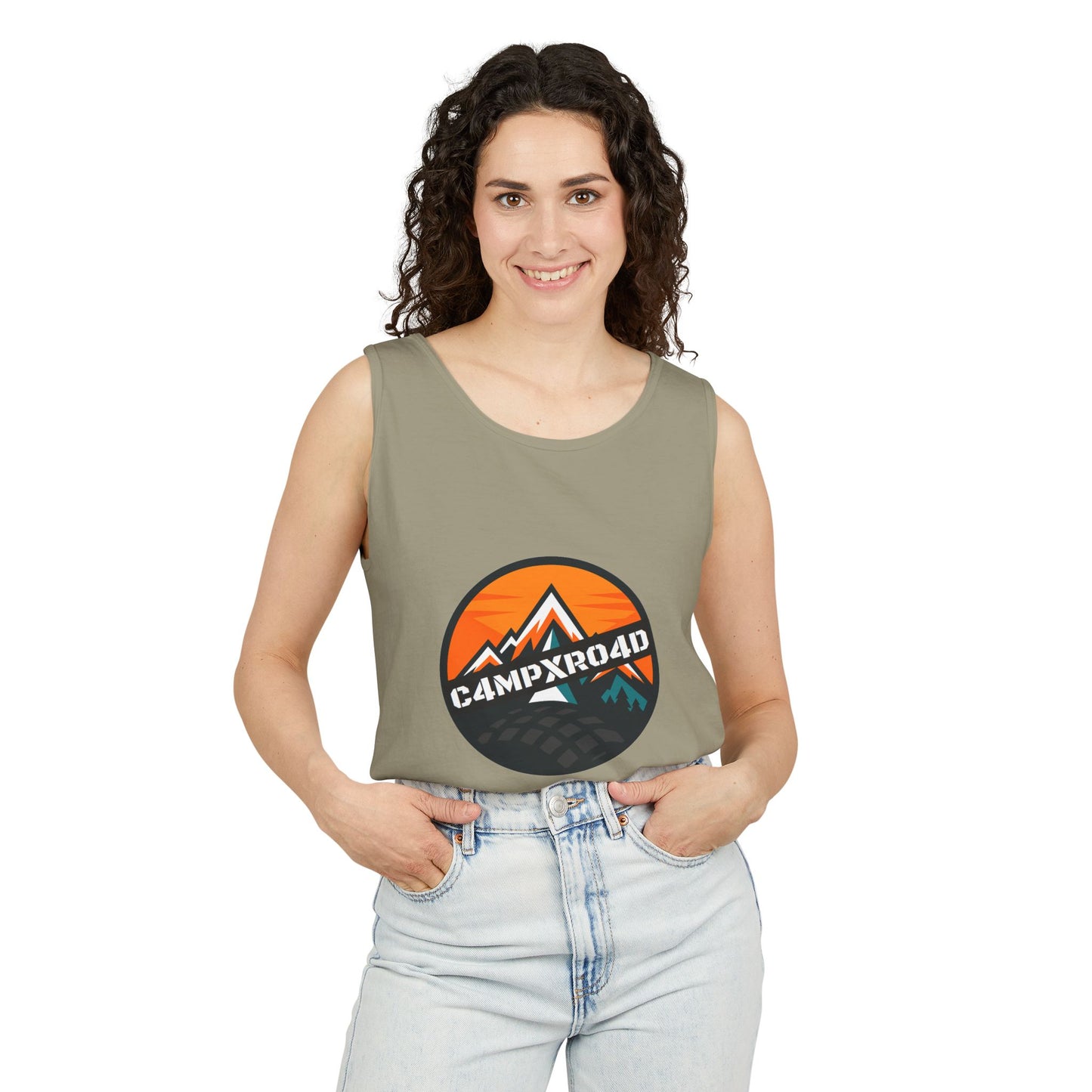 C4MPXRO4D Rounded Shield Camper Badge Tank Top | Graphic camping text tee