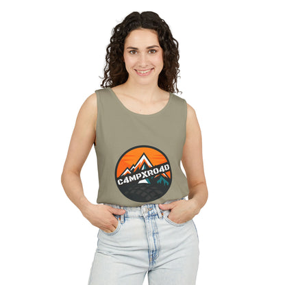C4MPXRO4D Rounded Shield Camper Badge Tank Top | Graphic camping text tee