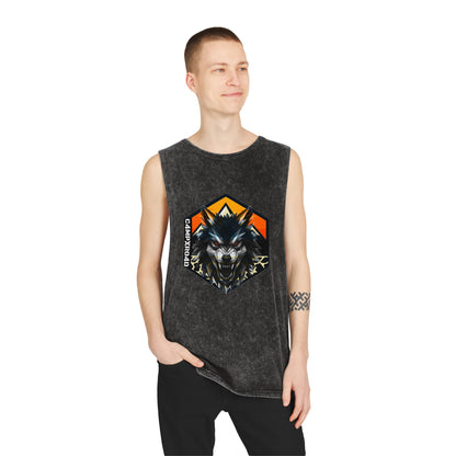 C4MPXRO4D Wolf Shield Camper Badge Tank Top | stonewash black, retro stencil logo