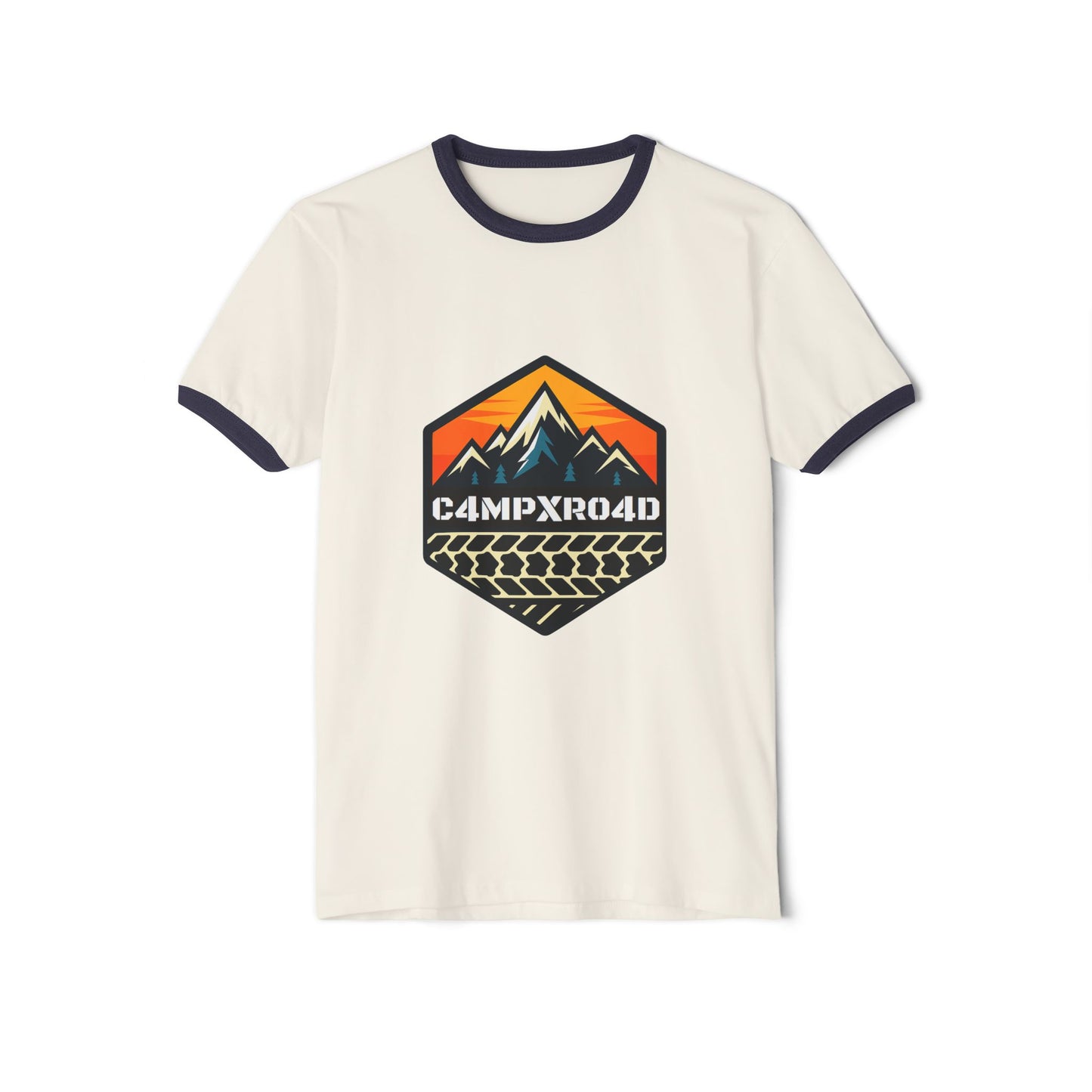 C4MPXRO4D Hexa Shield Camper Badge T-Shirt | ringer style