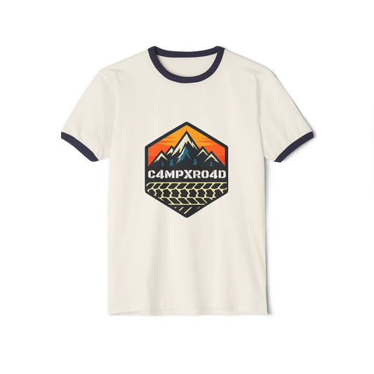 C4MPXRO4D Hexa Shield Camper Badge T-Shirt | ringer style