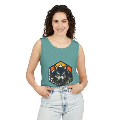 C4MPXRO4D Wolf Shield Camper Badge Tank Top | Graphic camping text tee