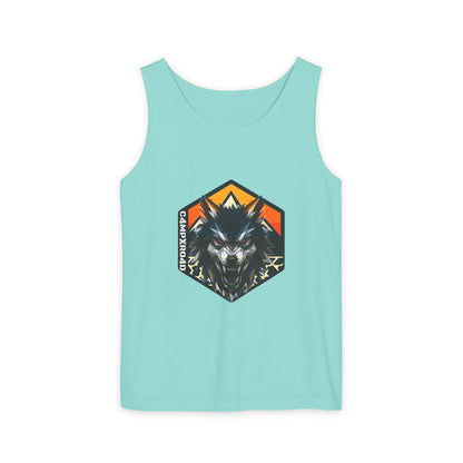 C4MPXRO4D Wolf Shield Camper Badge Tank Top | Graphic camping text tee