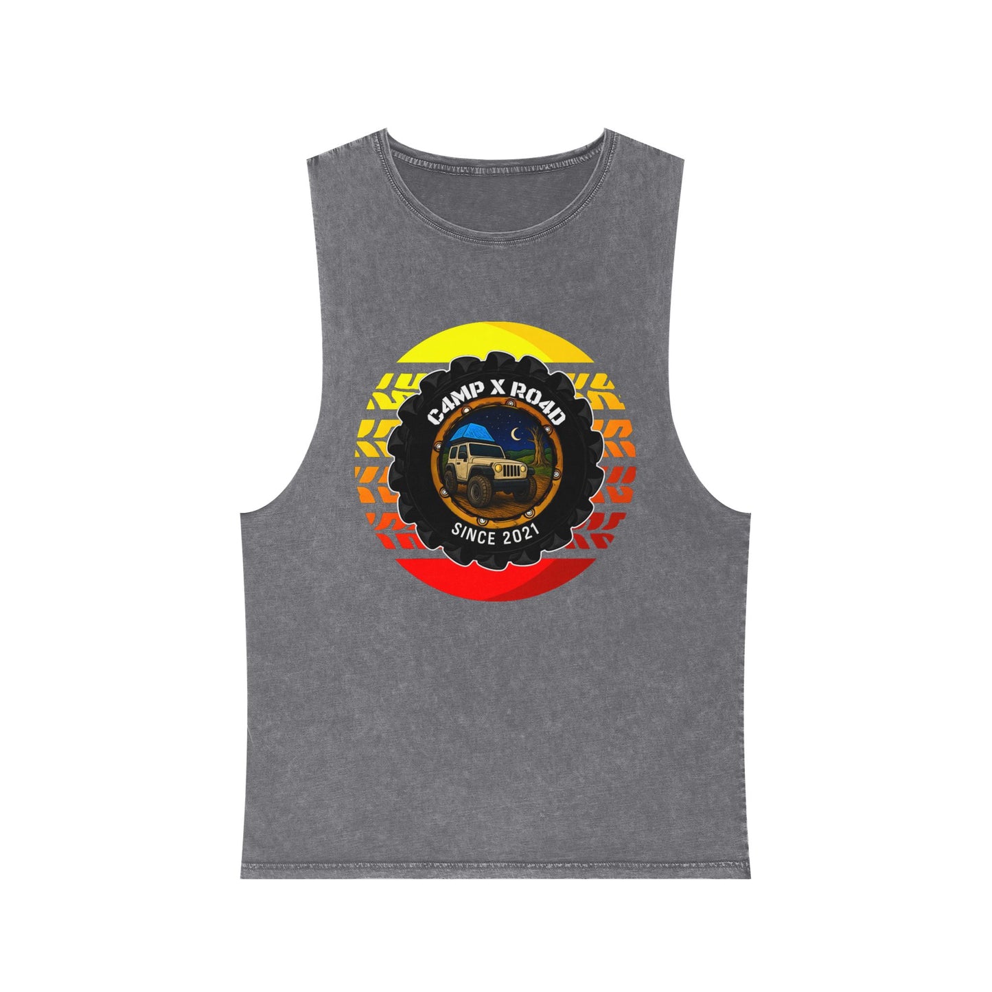 C4MPXRO4D Summer Camper Badge Tank Top | stonewash black, retro stencil logo