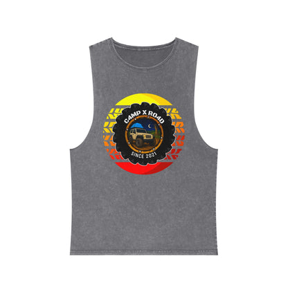 C4MPXRO4D Summer Camper Badge Tank Top | stonewash black, retro stencil logo