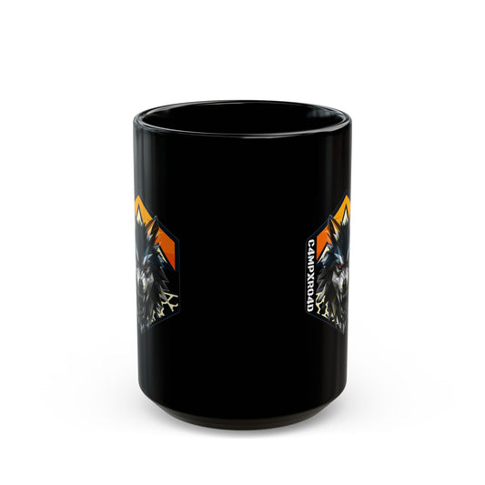 C4MPXRO4D Wolf Shield Camper Badge Mug | Black Ceramic Coffee Mug