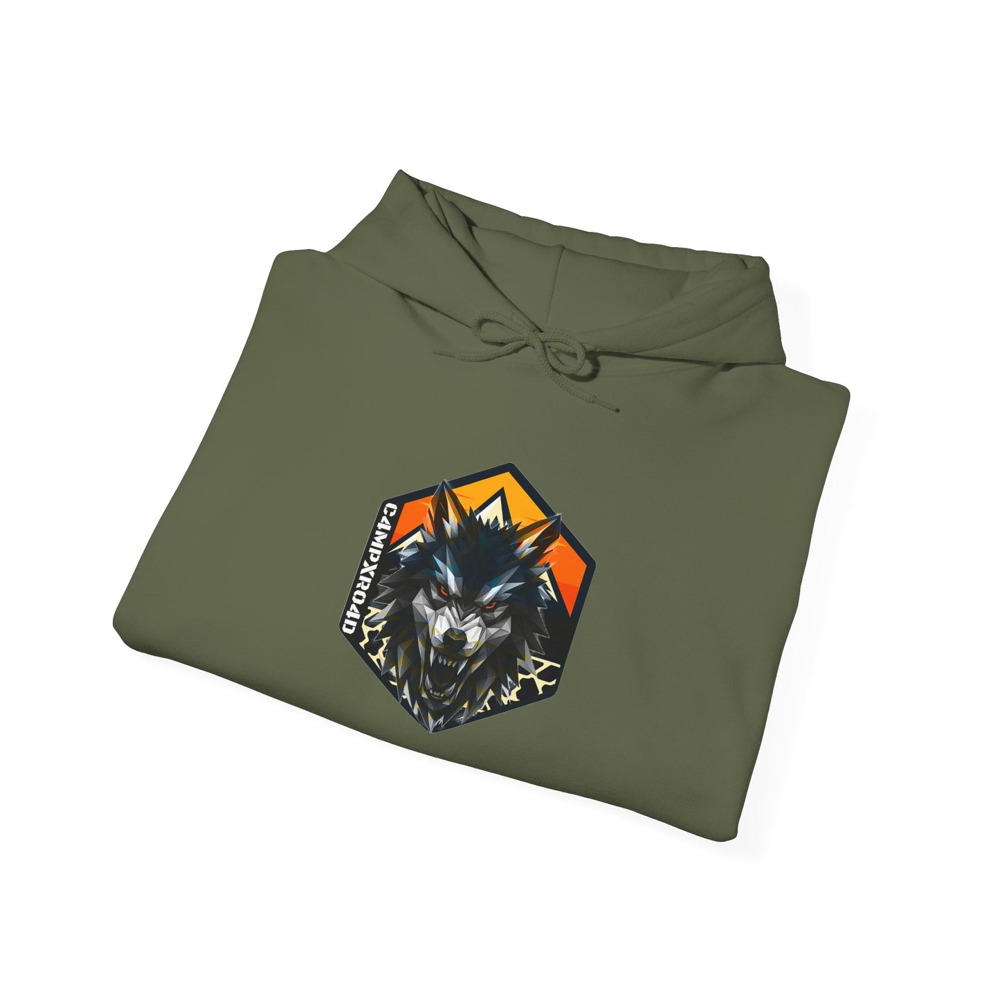 C4MPXRO4D Wolf Shield Camper Badge Hoodie | Black streetwear graphic sweatshirt