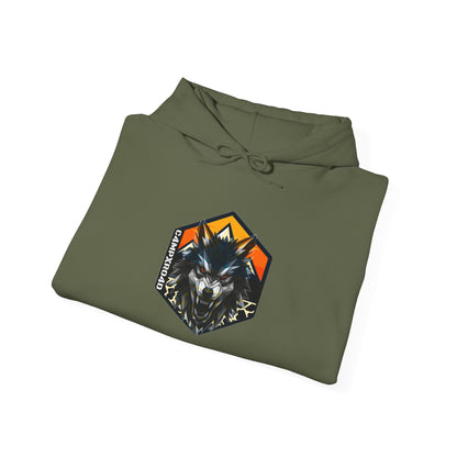 C4MPXRO4D Wolf Shield Camper Badge Hoodie | Black streetwear graphic sweatshirt