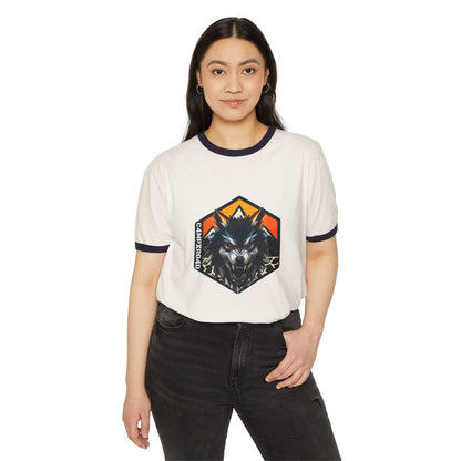 C4MPXRO4D Wolf Shield Camper Badge T-Shirt | ringer style