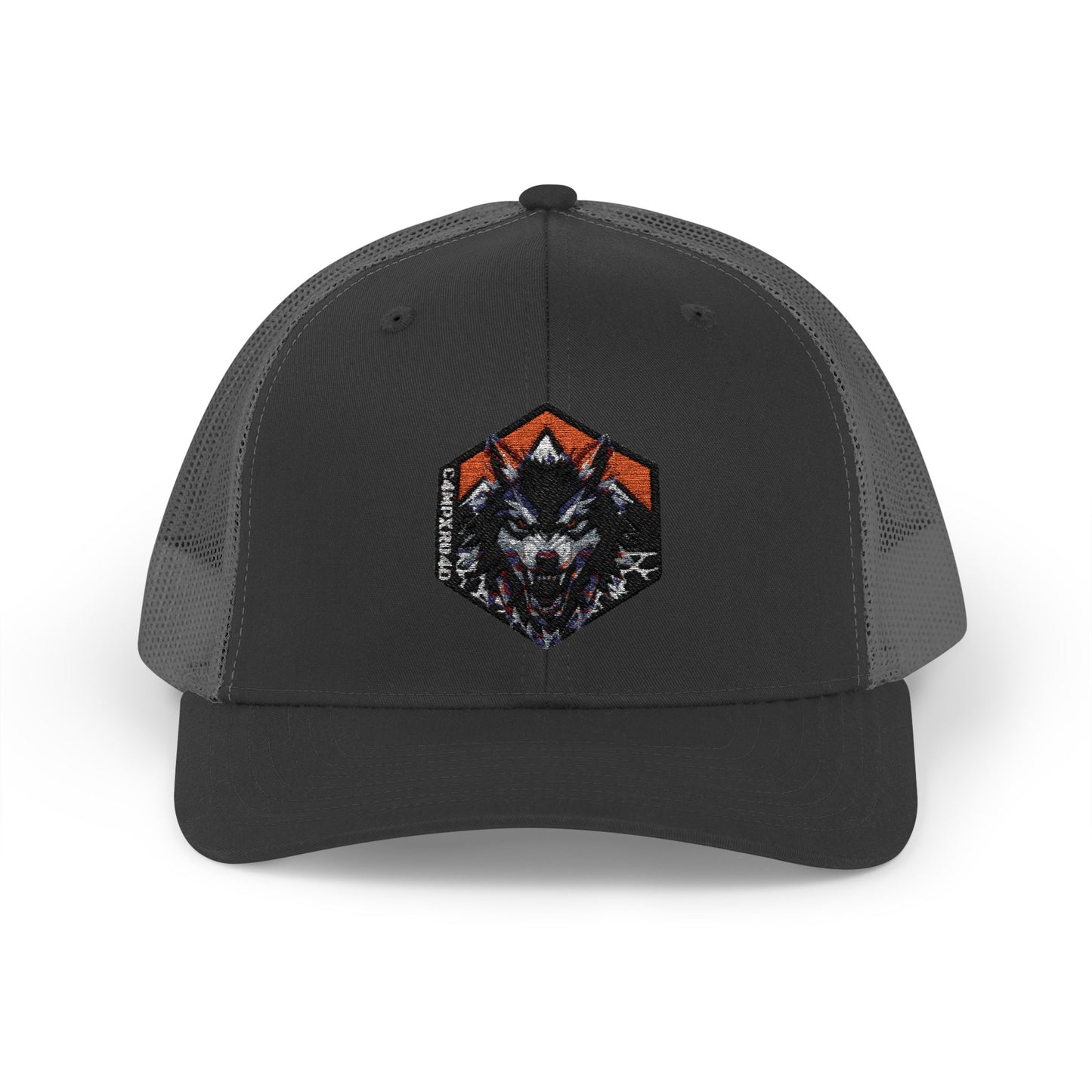 C4MPXRO4D Wolf Shield Camper Badge Cap | Trucker Snapback Mesh Hat