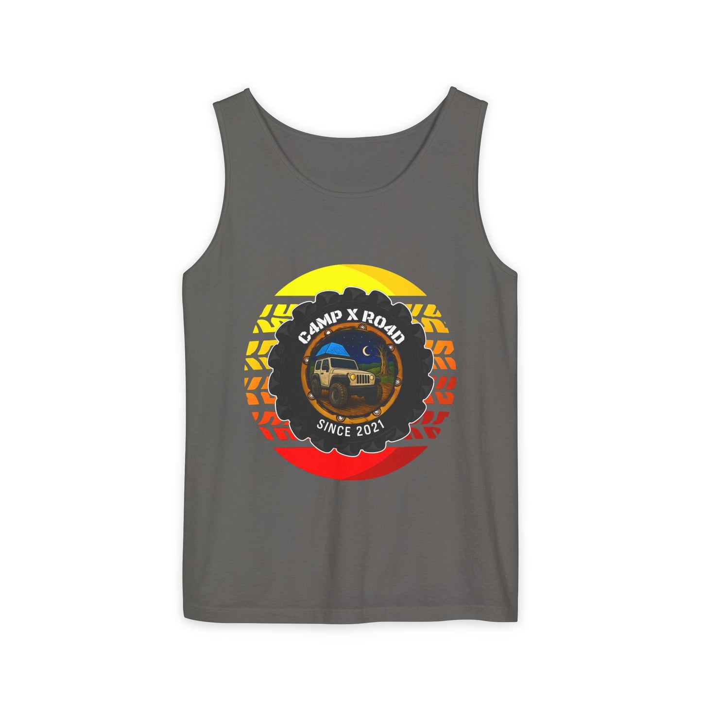C4MPXRO4D Summer Camper Badge Tank Top | Graphic camping text tee