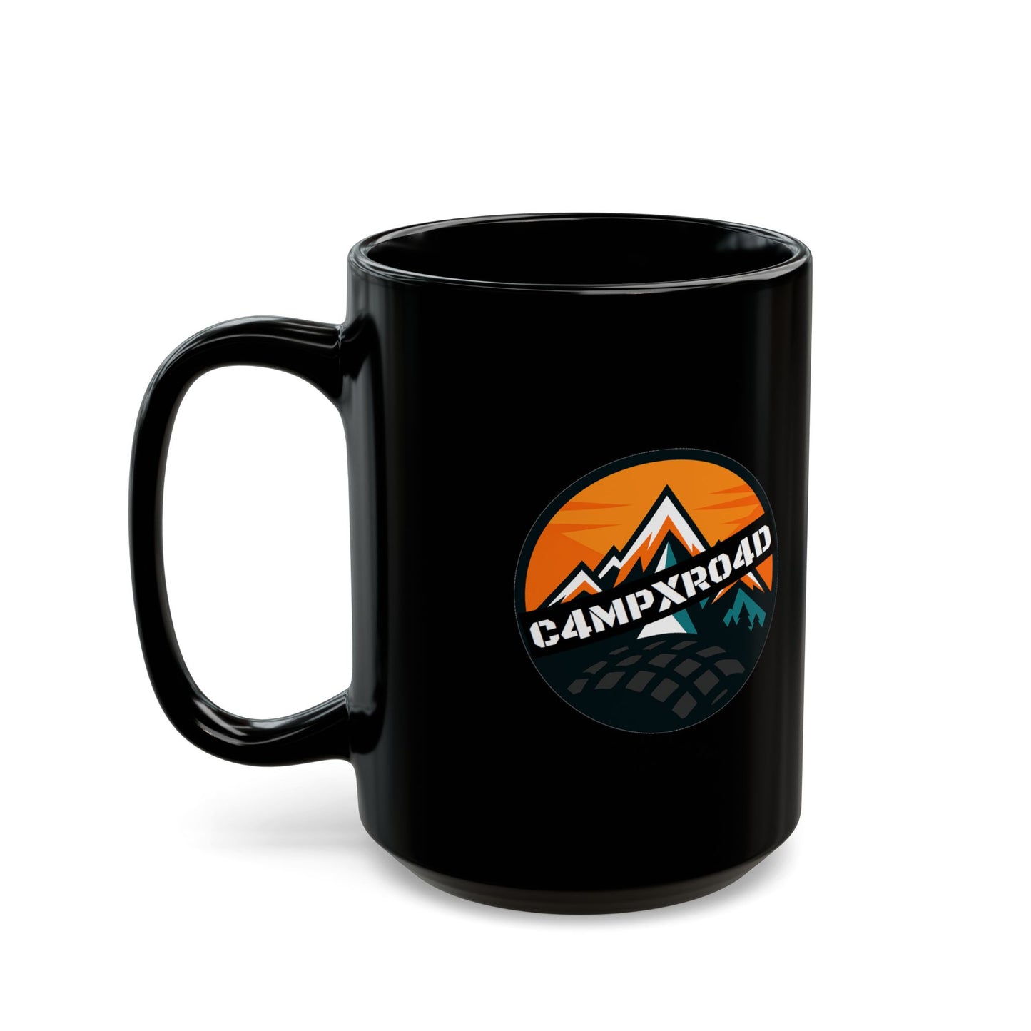 C4MPXRO4D Rounded Shield Camper Badge Mug | Black Ceramic Coffee Mug