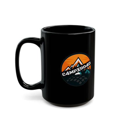 C4MPXRO4D Rounded Shield Camper Badge Mug | Black Ceramic Coffee Mug